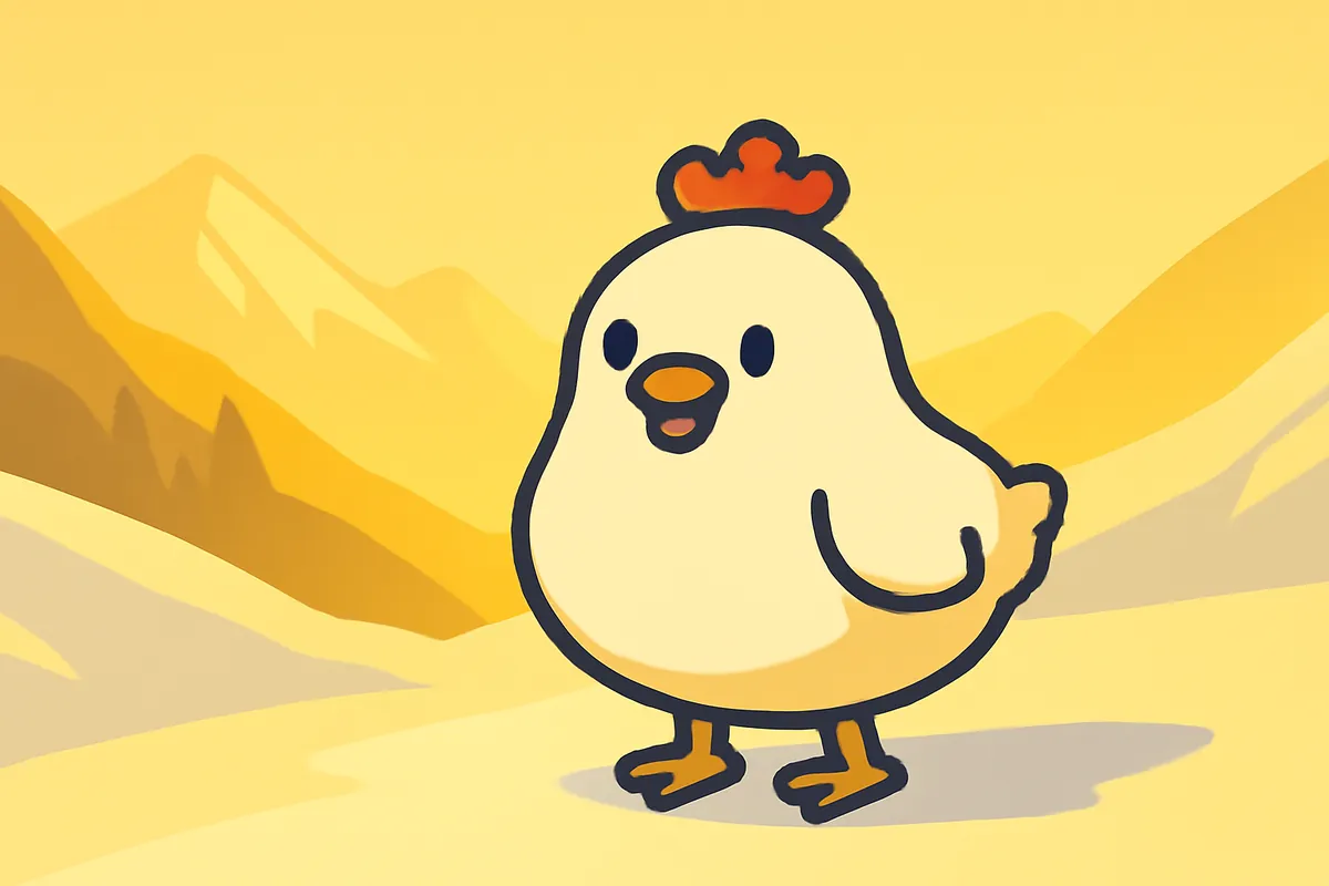 Illustration: Das Chicken-Road-Huhn unterwegs auf einer Landstraße